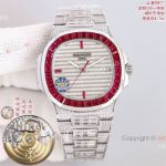 PD Factory Patek Philippe Nautilus Swiss 26-330 Movement Red Diamond Bezel White Gold Watch 40mm 
